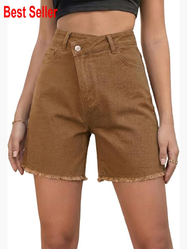 High Waisted Stretchy Denim Bermuda Shorts With Raw Hem